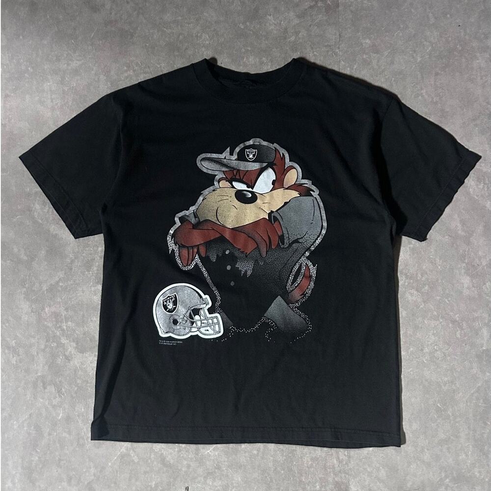 90's Vintage Oakland Raiders Looney Tunes Big Print Black T-Shirt - XL